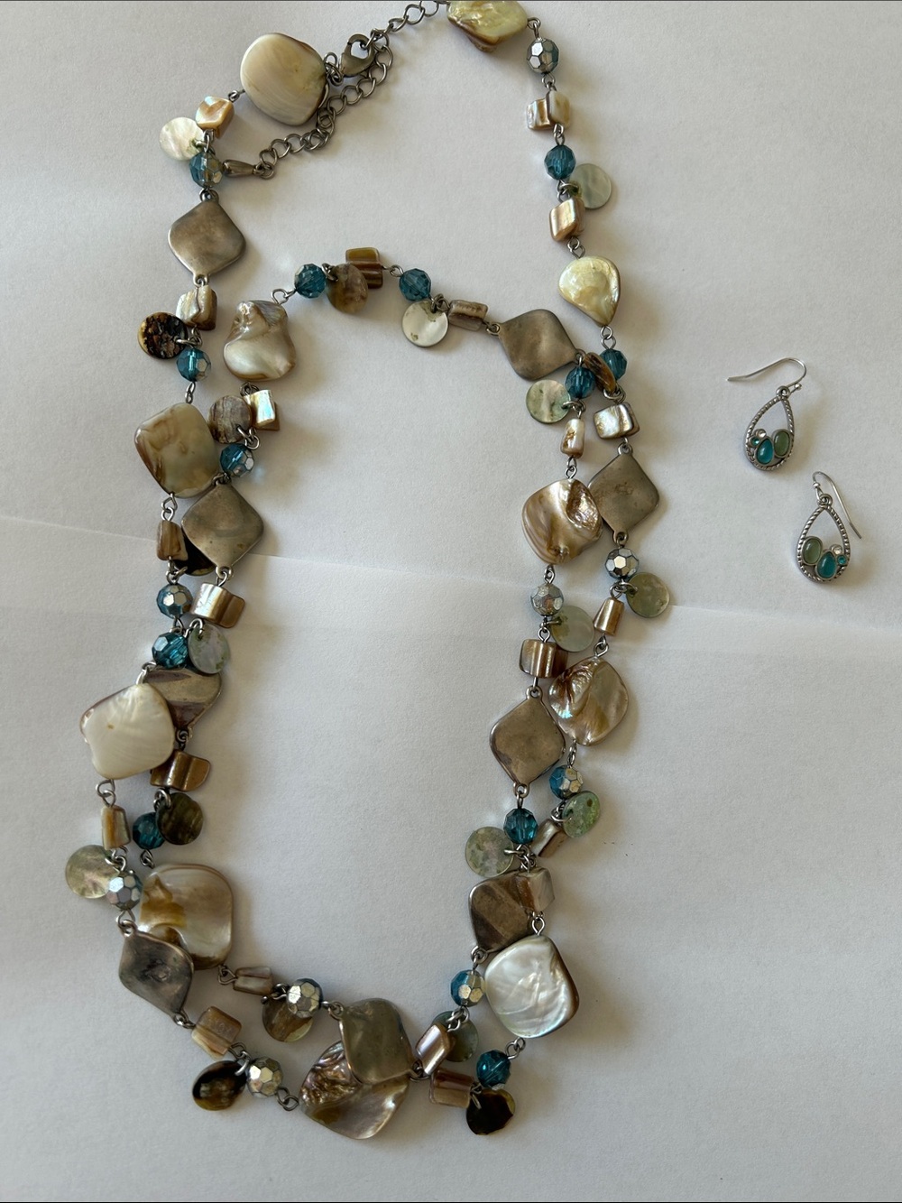 Lia Sophia Multi-Strand Shell and Teal Bead Necklace with Matching Earrings